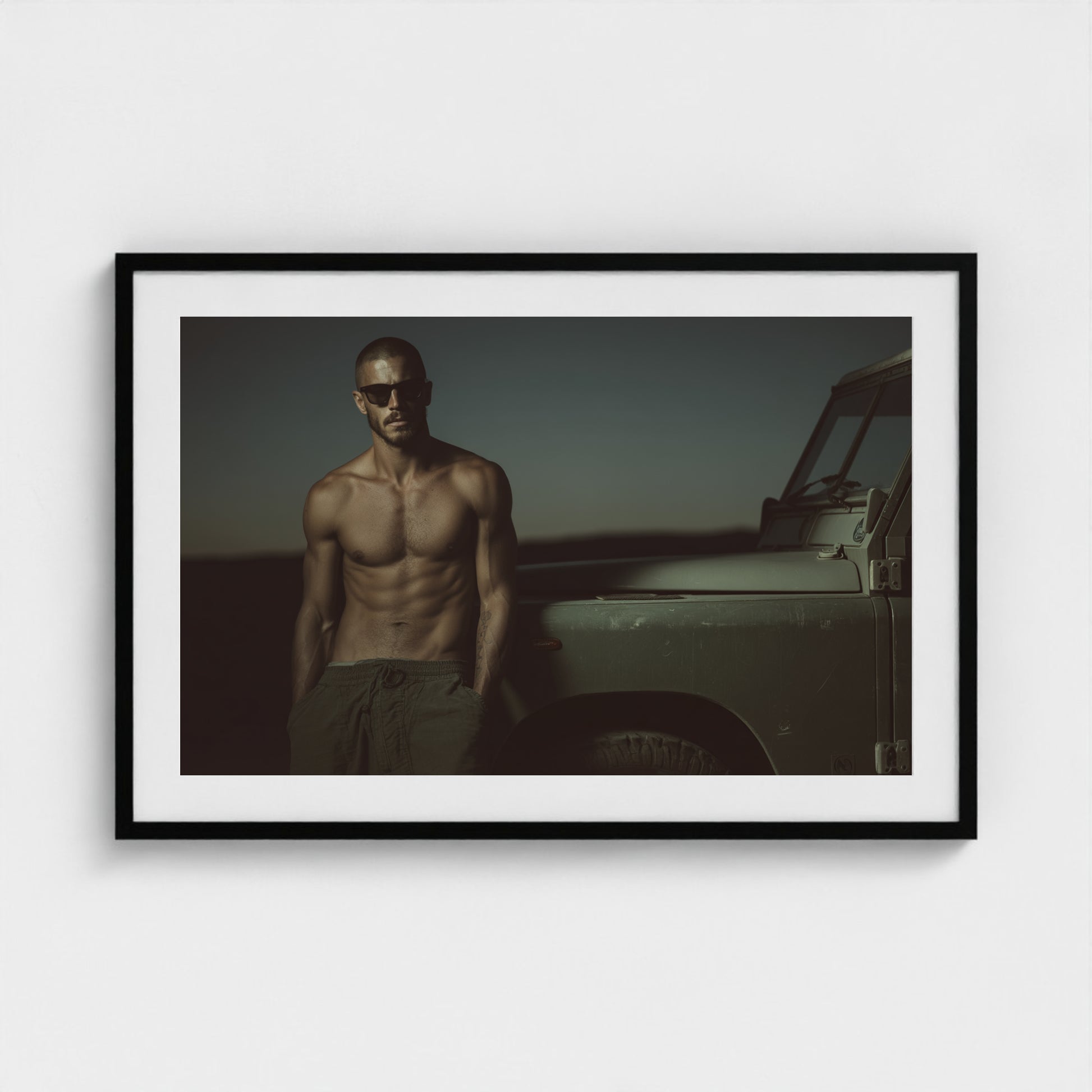 Masculine Land Rover Portrait in Olive Green Tones 36x24 Black Landscape Mockup