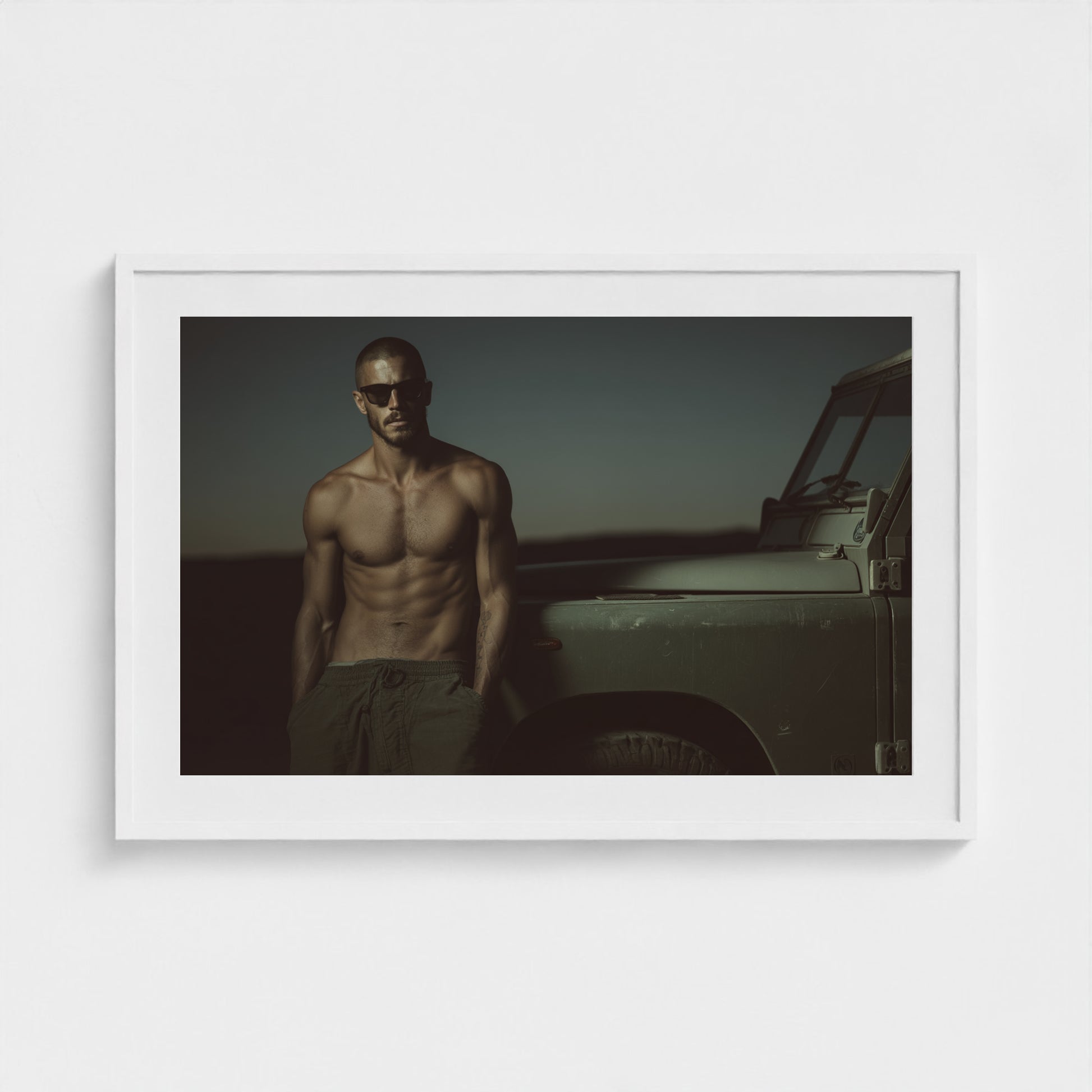 Masculine Land Rover Portrait in Olive Green Tones 36x24 White Landscape Mockup