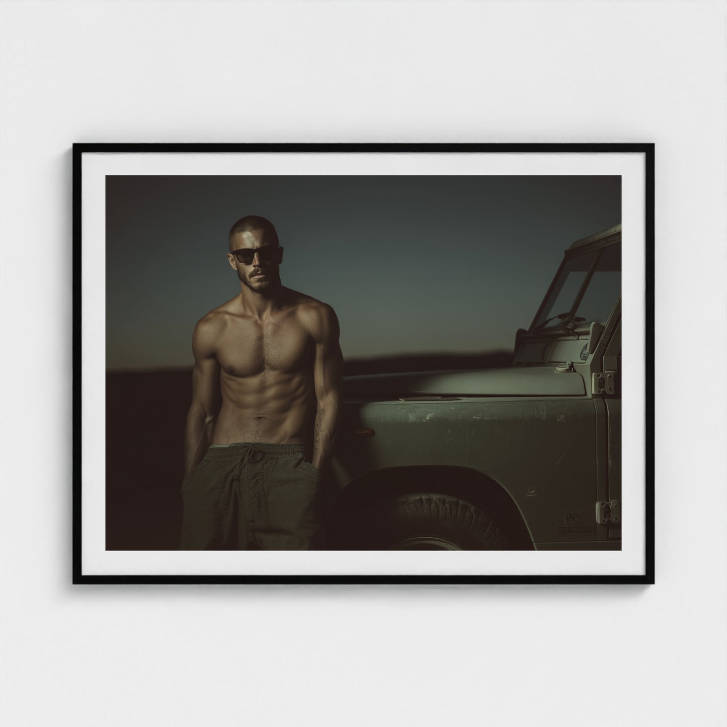Masculine Land Rover Portrait in Olive Green Tones 48x36 Black Landscape Mockup