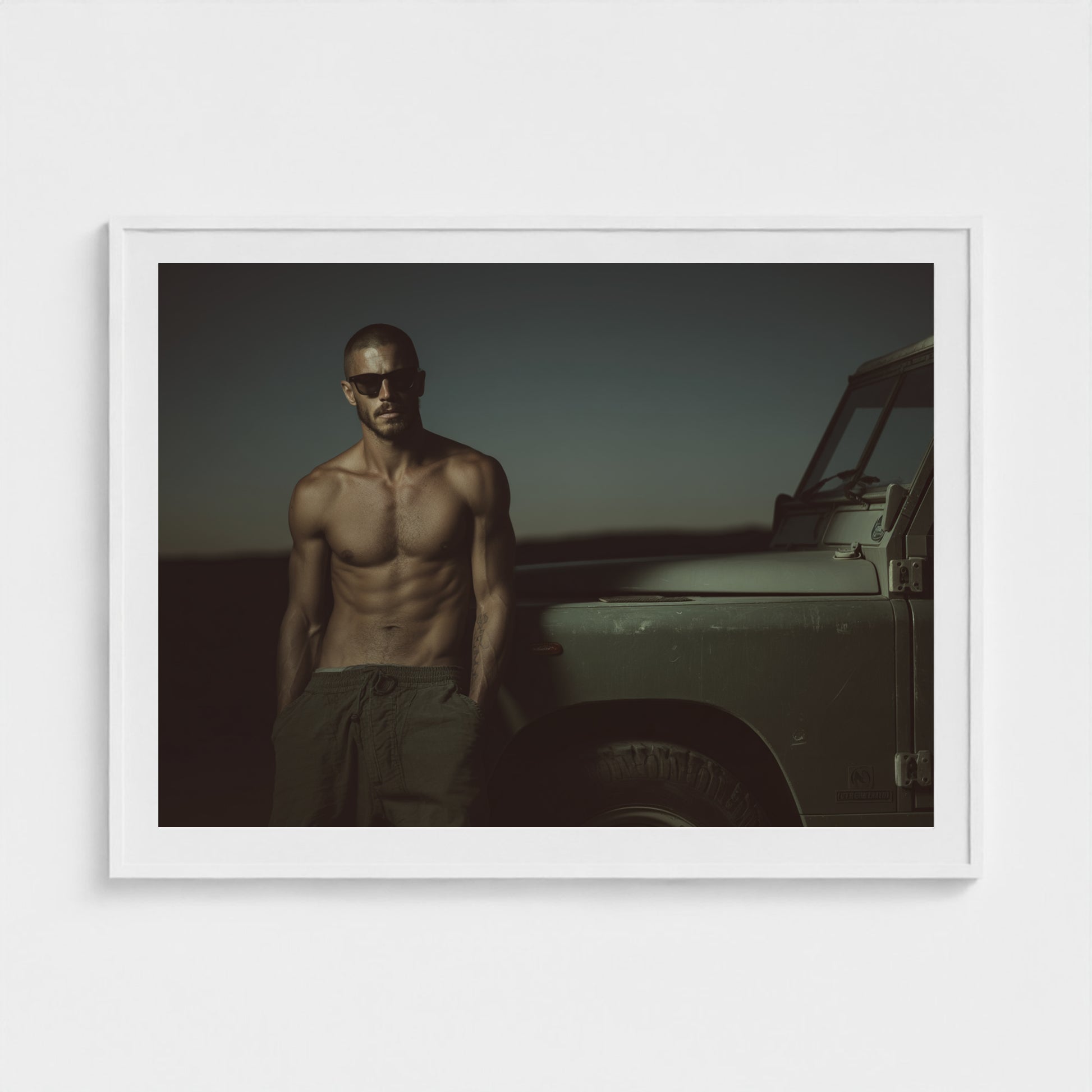 Masculine Land Rover Portrait in Olive Green Tones 48x36 White Landscape Mockup