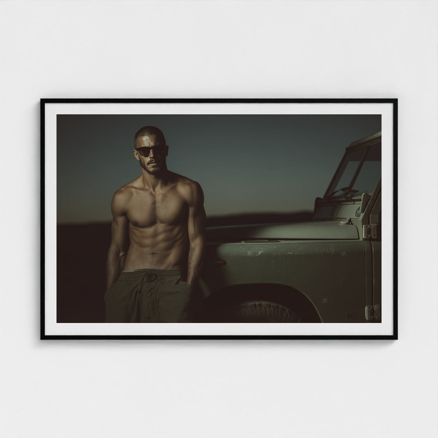 Masculine Land Rover Portrait in Olive Green Tones 60x40 Black Landscape Mockup