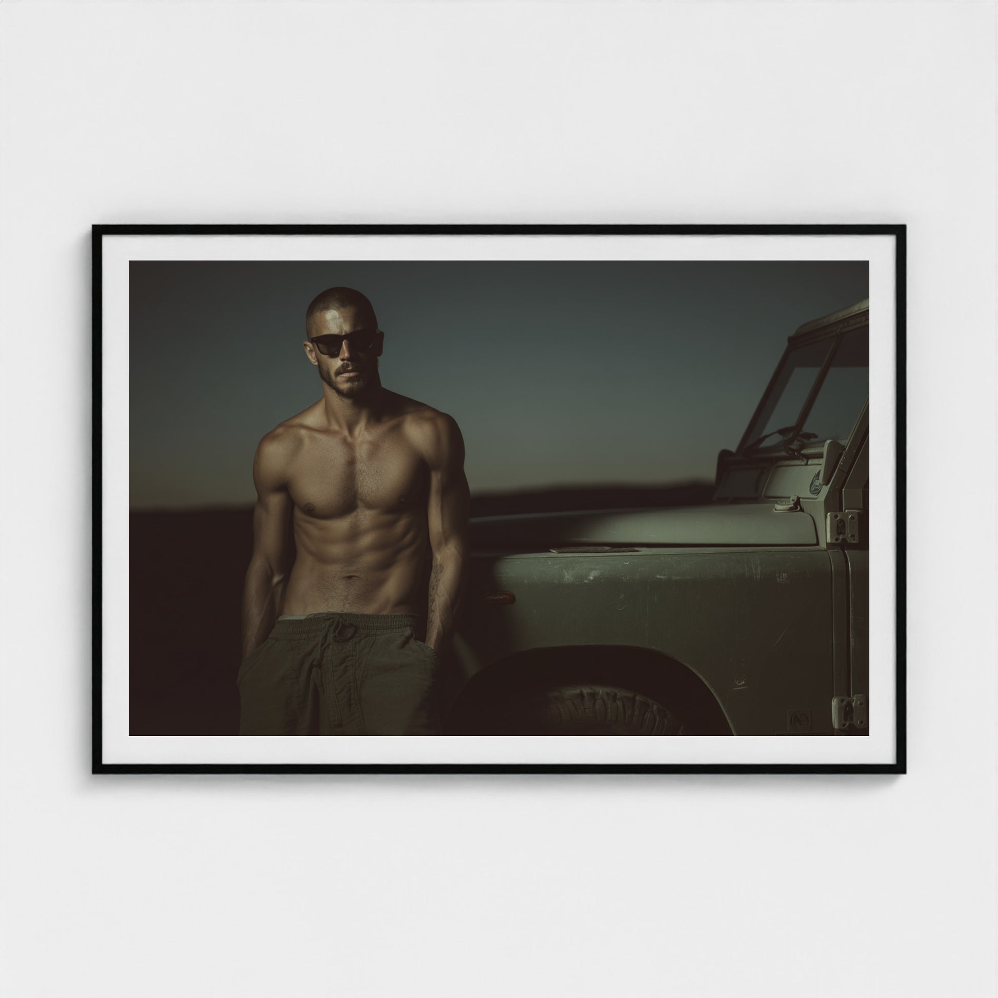 Masculine Land Rover Portrait in Olive Green Tones 60x40 Black Landscape Mockup