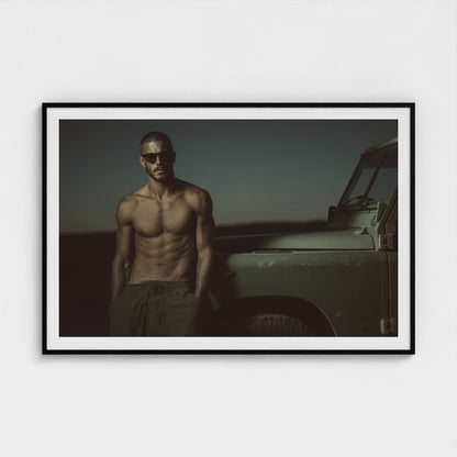 Masculine Land Rover Portrait in Olive Green Tones 60x40 Black Landscape Mockup