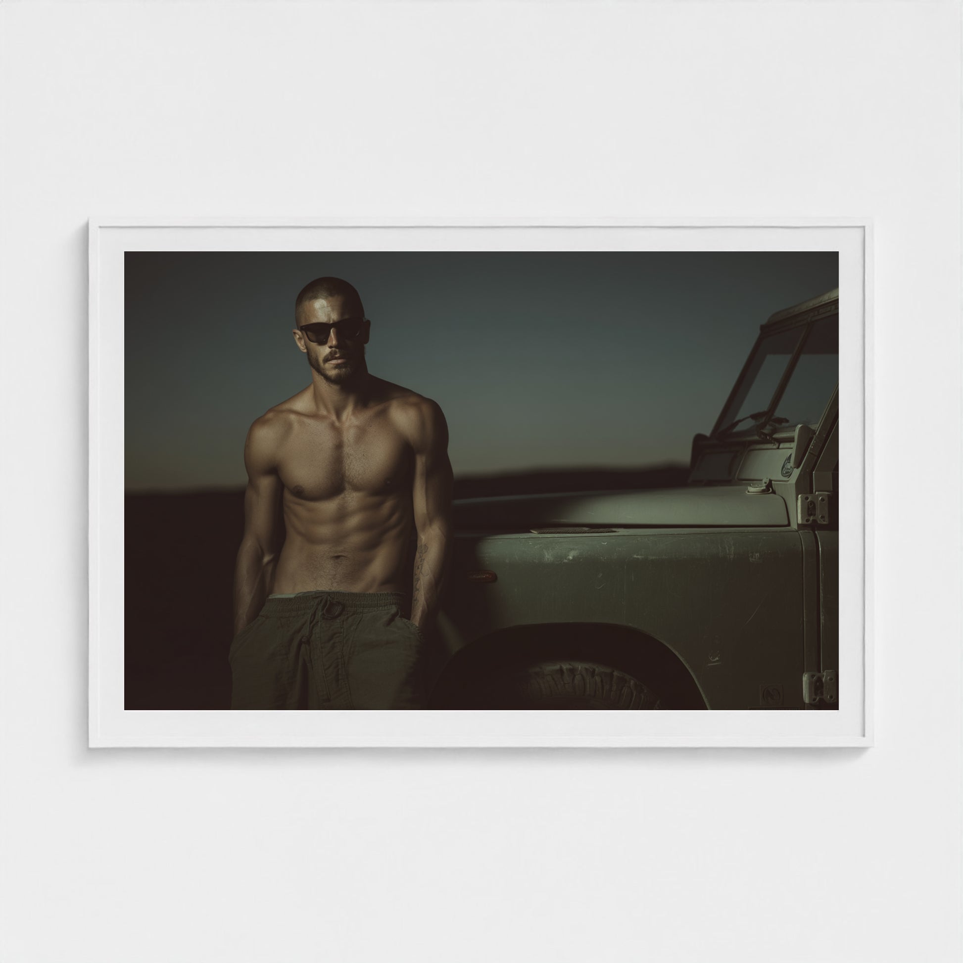 Masculine Land Rover Portrait in Olive Green Tones 60x40 White Landscape Mockup