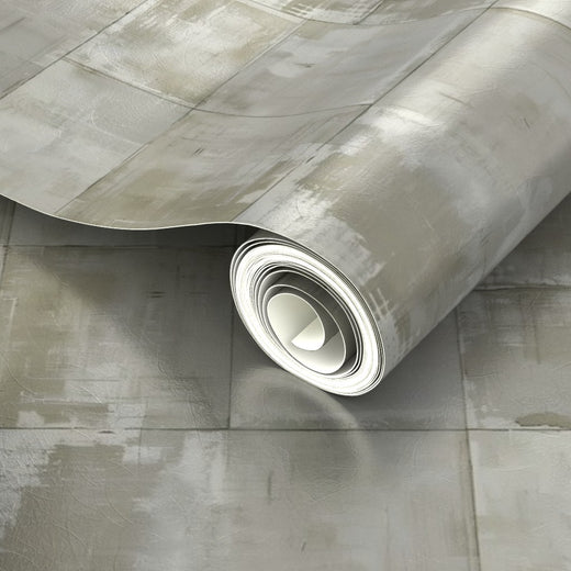 Detailed view of the pearlescent reflection on the metallic panel grid wallpaper.