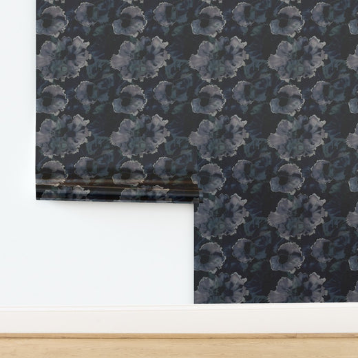 Metallic finish option of Nocturne Bloom wallpaper showing reflective pearlescent depth
