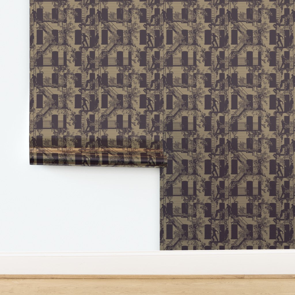 Luminous metallic finish swatch of the Greenwich Village street scene wallpaper in Bronze.