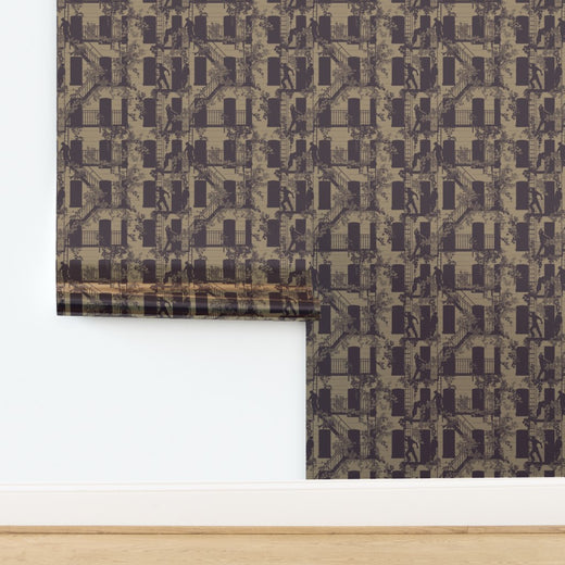 Luminous metallic finish swatch of the Greenwich Village street scene wallpaper in Bronze.