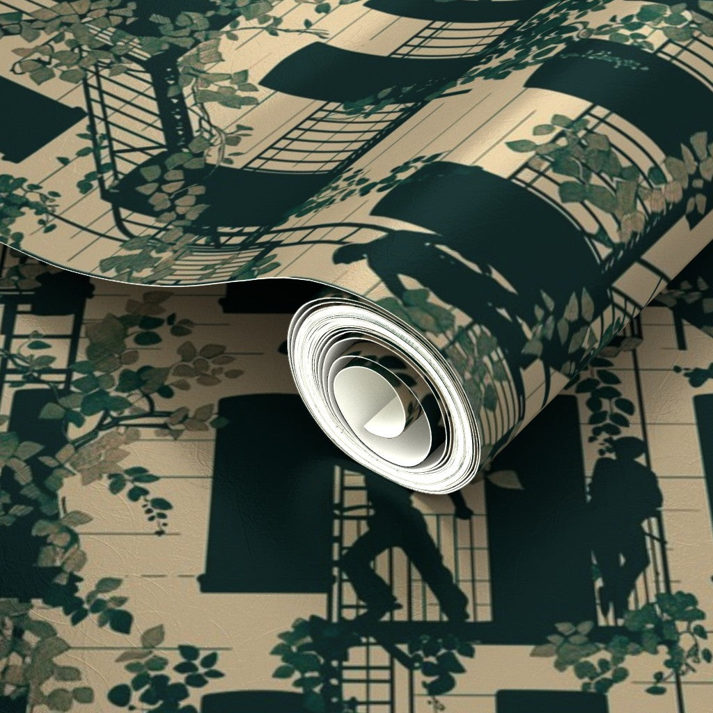 Angled swatch showing the light-reflective surface of Cream metallic narrative wallpaper.