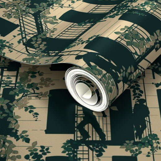 Angled swatch showing the light-reflective surface of Cream metallic narrative wallpaper.