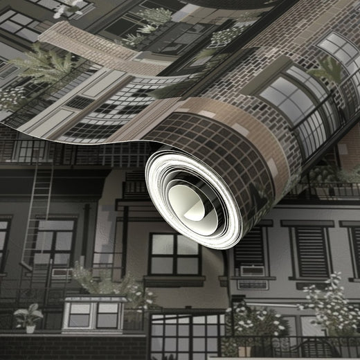 Luminous metallic finish on the Earth tones West Village Rooftops wallpaper.
