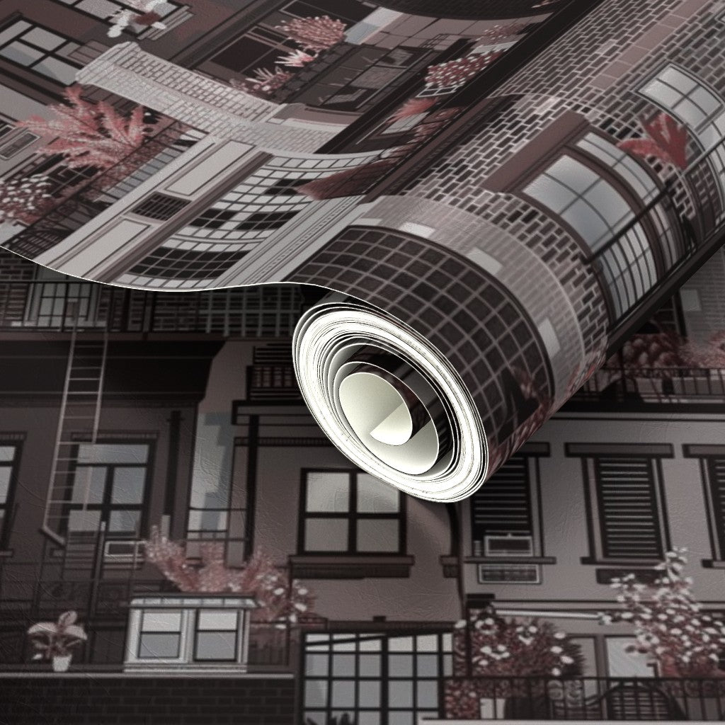 Reflective metallic finish on the dramatic Oxblood West Village Rooftops wallpaper.