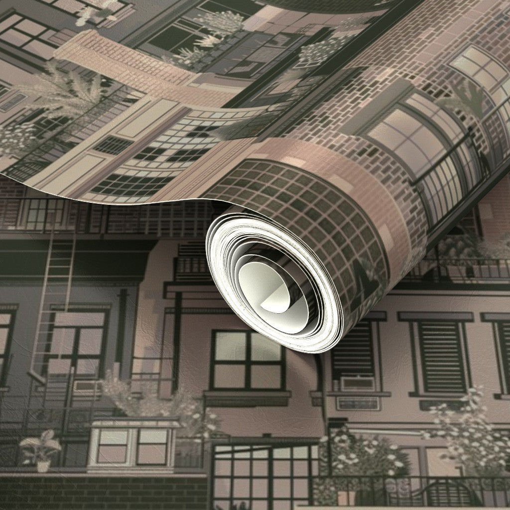 Detail of the metallic sheen on the Beige West Village Rooftops wallpaper.