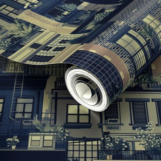 Detailed metallic finish on the Cream West Village Rooftops wallpaper.