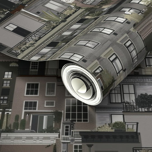 Detailed view showing the reflective pearlescent shimmer of the Grey metallic wallpaper.