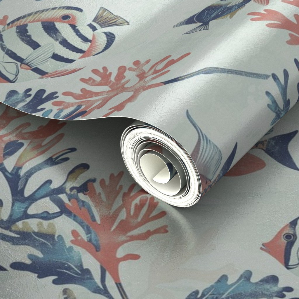 Luminous metallic wallpaper detailing the shimmering ocean-inspired pattern.