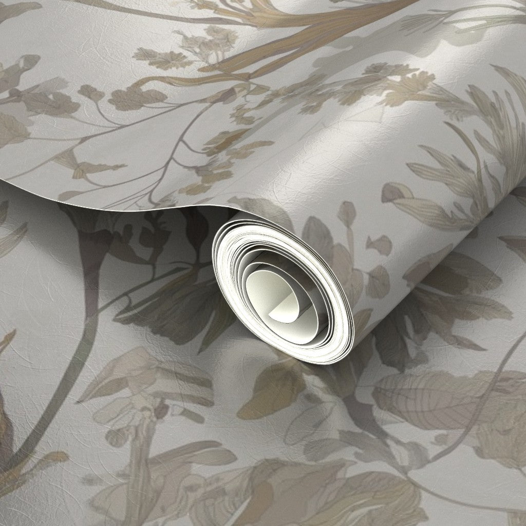 Detailed reflection and subtle sheen on the metallic botanical wallpaper.