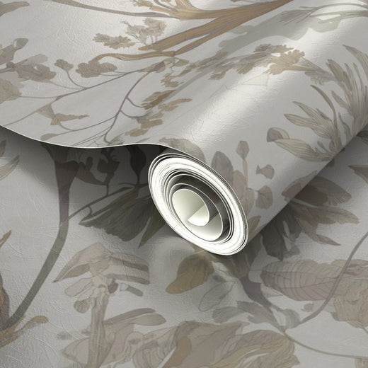 Detailed reflection and subtle sheen on the metallic botanical wallpaper.