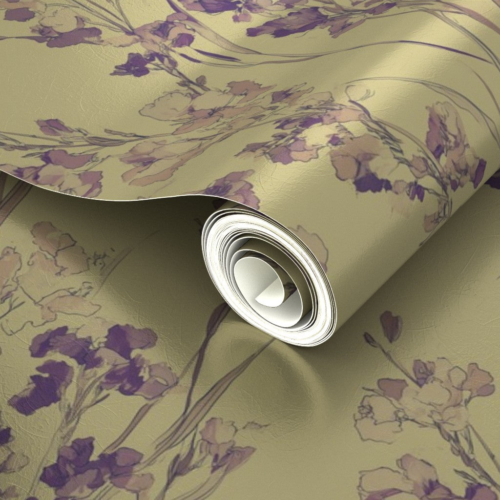 Subtle light reflection on metallic Celadon botanical wallpaper.