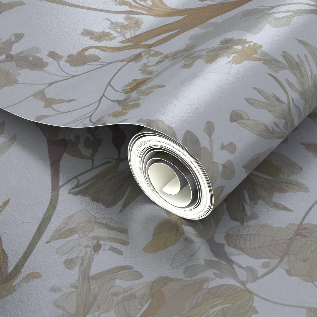 Luminous metallic seaweed and foliage wallpaper showcasing the pearlescent finish.