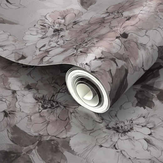 Luminous metallic wallpaper surface with taupe watercolor botanical pattern.