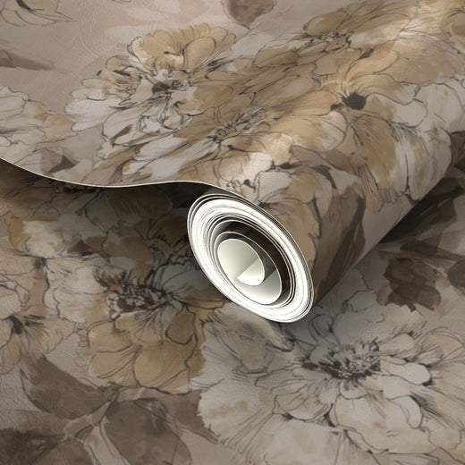 Subtle pearlescent finish of metallic wallpaper with deep purple floral print.