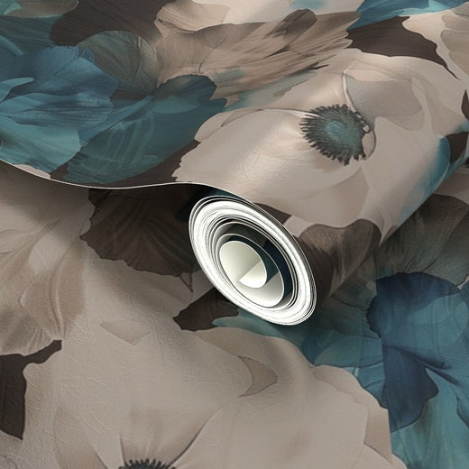 Angle shot showing the subtle shimmer of Hazel Sheer Peonies metallic wallpaper.