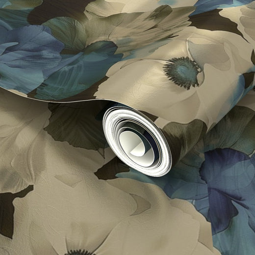 Reflective finish of Latte Sheer Peonies metallic wallpaper under warm lighting.