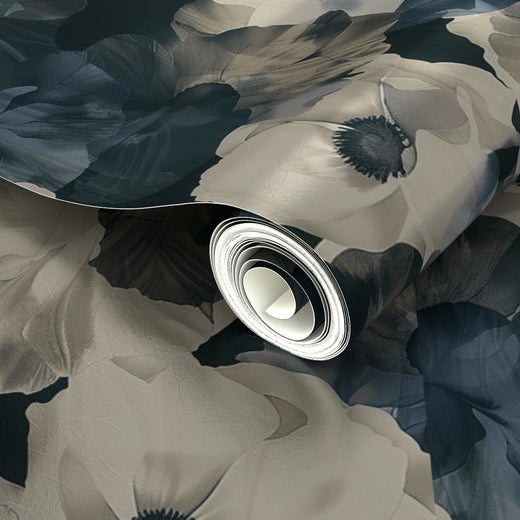 Elegant light reflection on Scandi Sheer Peonies metallic wallpaper.