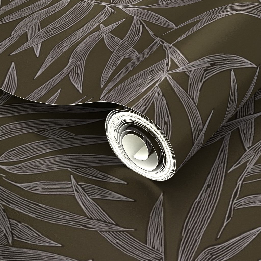 Shimmering pearlescent finish on Pewter botanical repeat wallpaper.