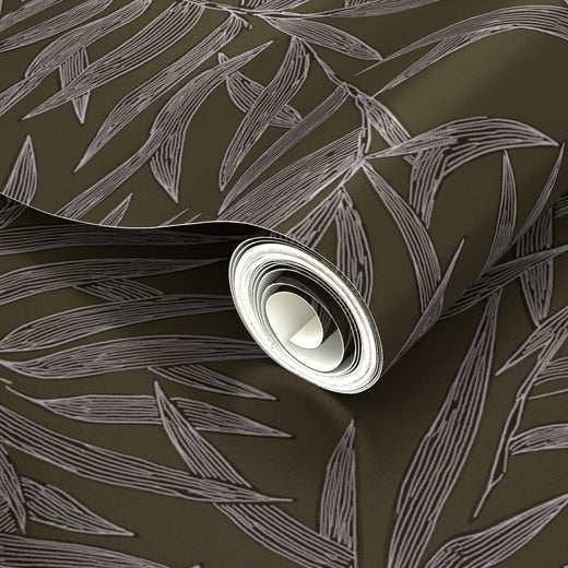 Shimmering pearlescent finish on Pewter botanical repeat wallpaper.