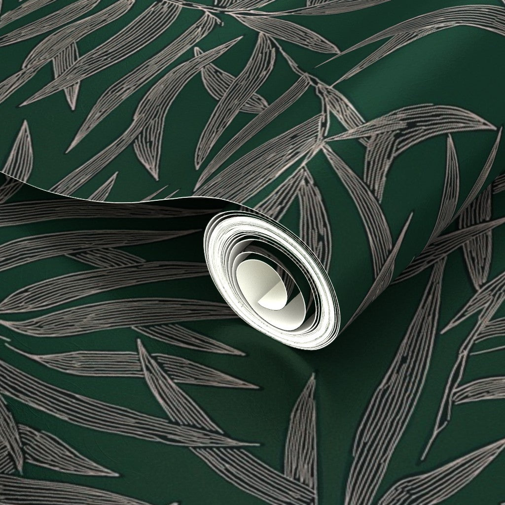Luminous finish detail on the metallic Emerald green Bamboo wallpaper.