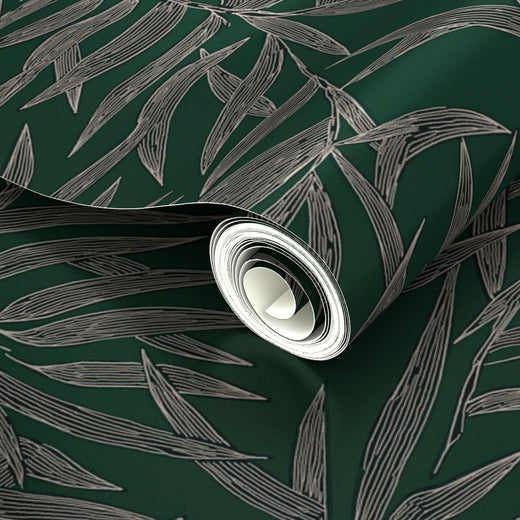 Luminous finish detail on the metallic Emerald green Bamboo wallpaper.