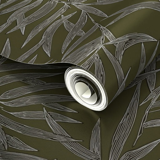 Close-up of the pearlescent reflection on the metallic Olive Bamboo wallpaper.