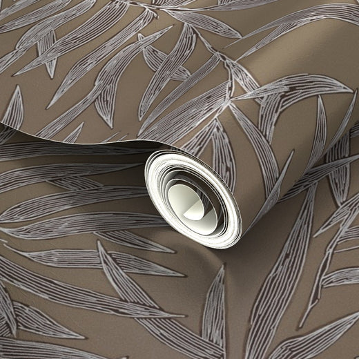 Luminous pearl finish of the metallic Dove colorway bamboo wallpaper.