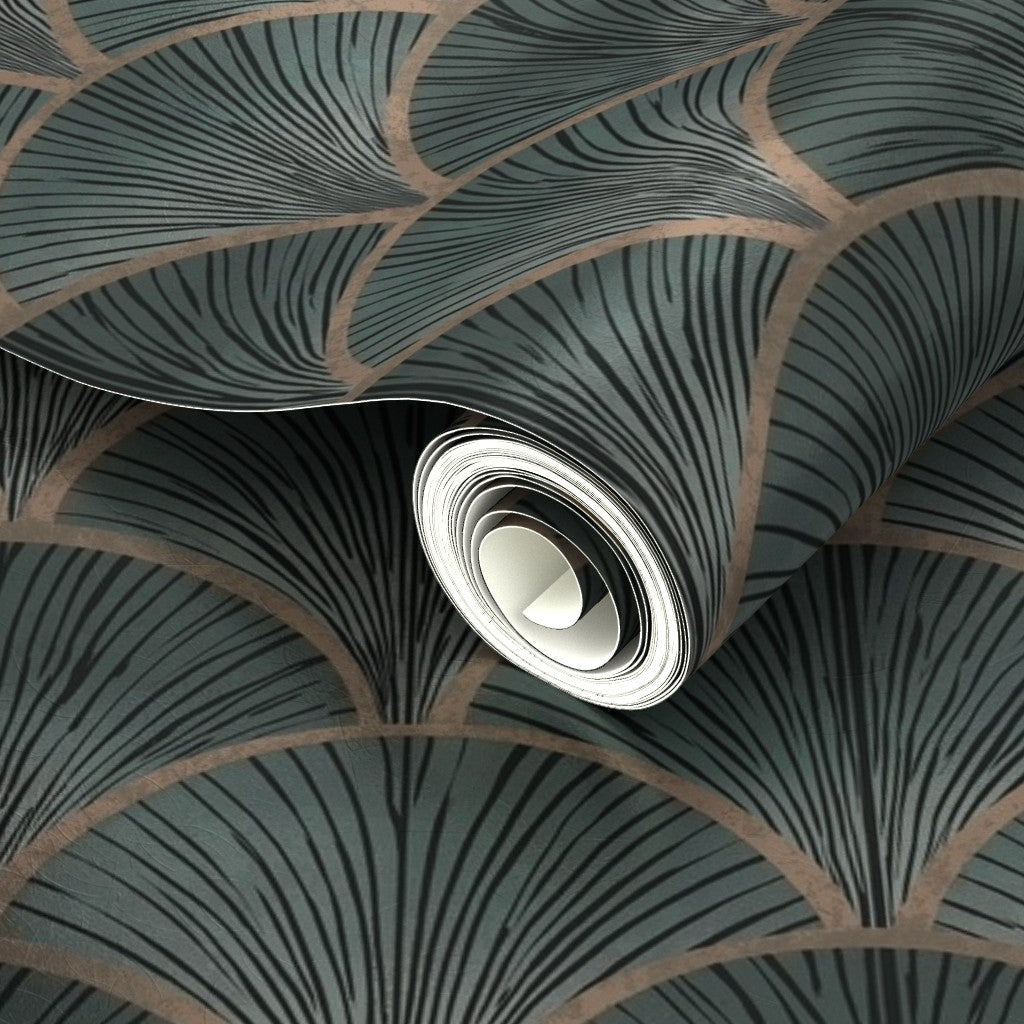 Close-up of the pearlescent metallic sheen on teal fish scale patterned wallpaper.
