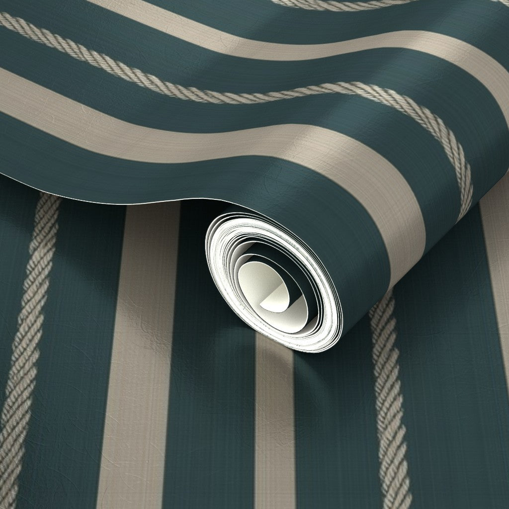 Close-up of the luminous pearlescent surface of the metallic teal stripe wallpaper