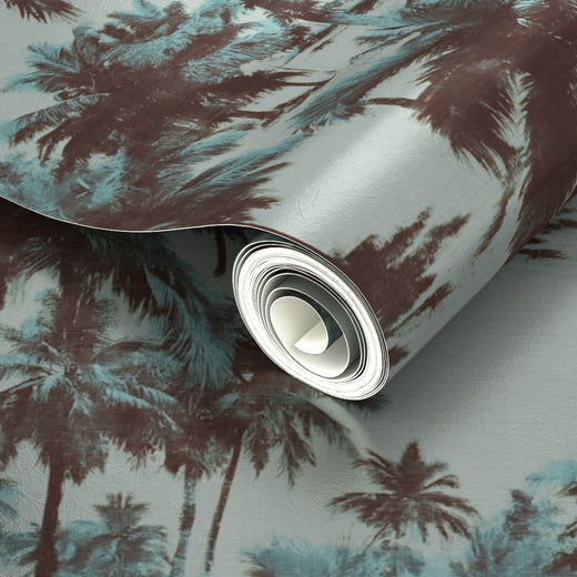 Subtle pearlescent sheen on the warm sand metallic palm wallpaper.