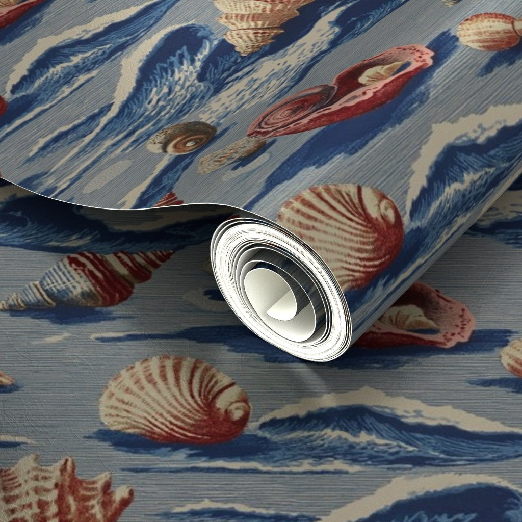 Close-up of the pearlescent metallic substrate with delicate red and blue watercolor shells.