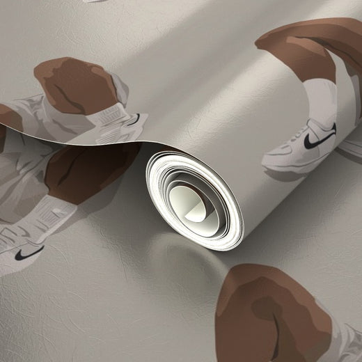 Detailed view of the reflective pearlescent substrate of the metallic White Kicks wallpaper.