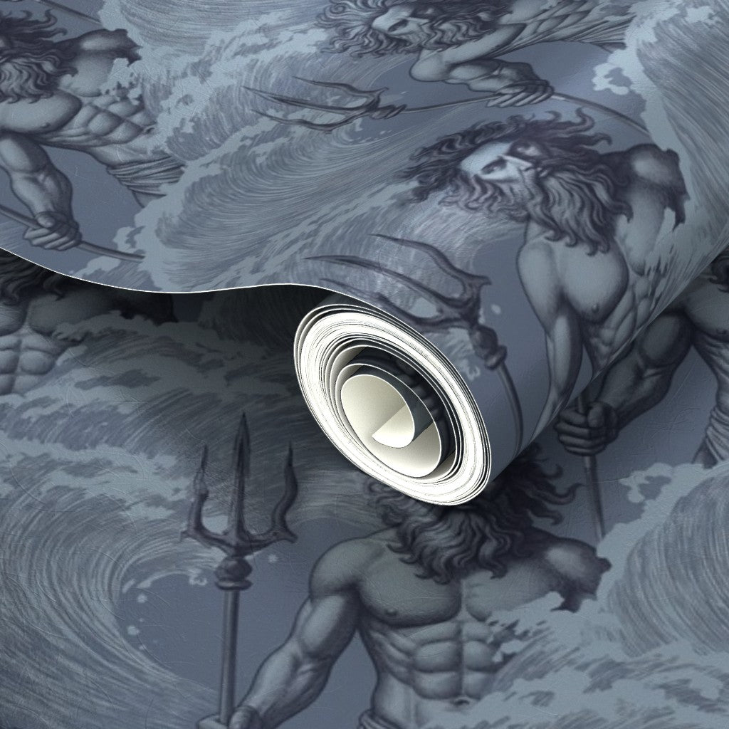 Close-up showing the subtle reflective sheen of Aegean blue metallic Neptune wallpaper.