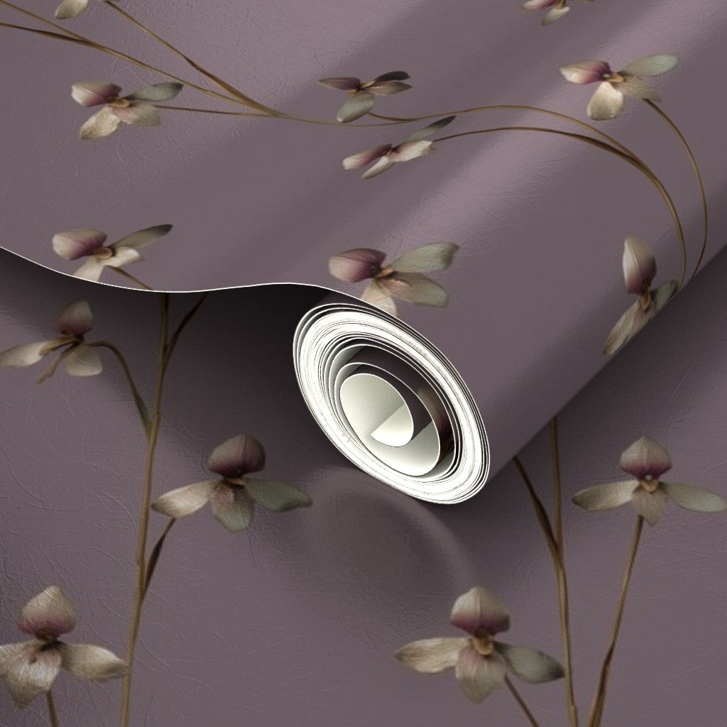 Detailed view of the pearlescent metallic surface on Twilight Bloom botanical wallpaper.