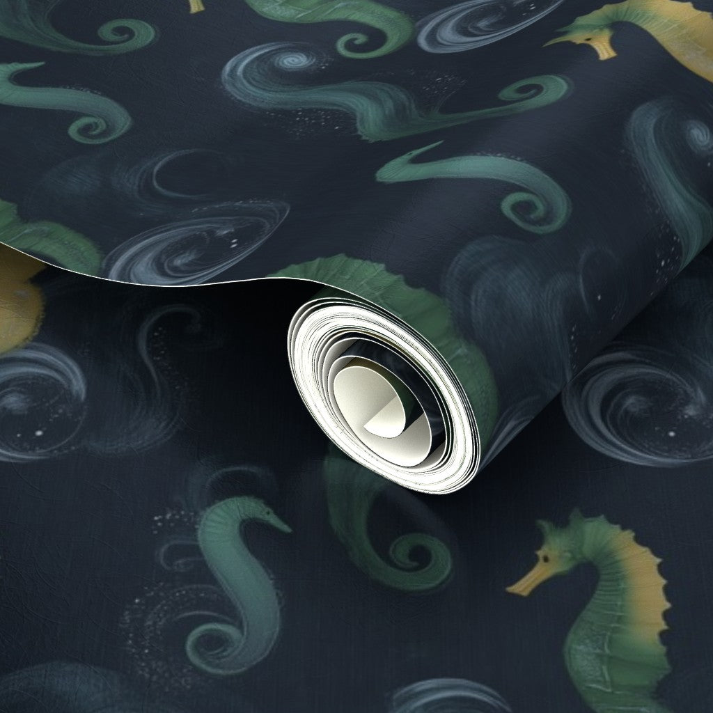 Angled view of the metallic Sea Horse wallpaper, capturing the pearlescent background and depth.