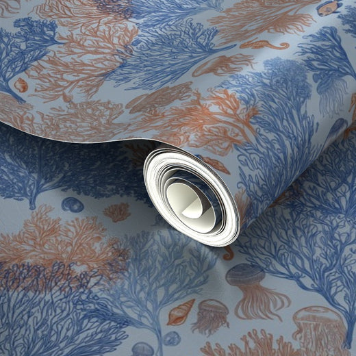 Luminous shimmer detail on metallic Coastal Blue Jelly Reef wallpaper.