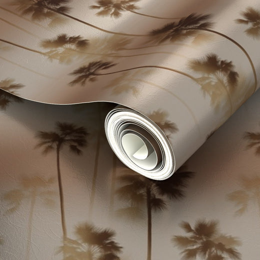Luminous pearlescent finish of the metallic palm tree wallpaper under soft lighting.