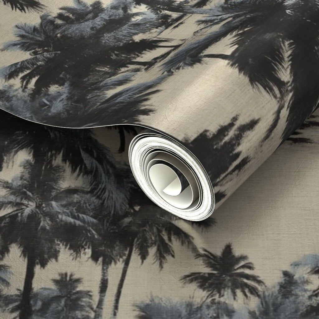Close-up showing the metallic shimmer and detailed design of the botanical palm wallpaper.