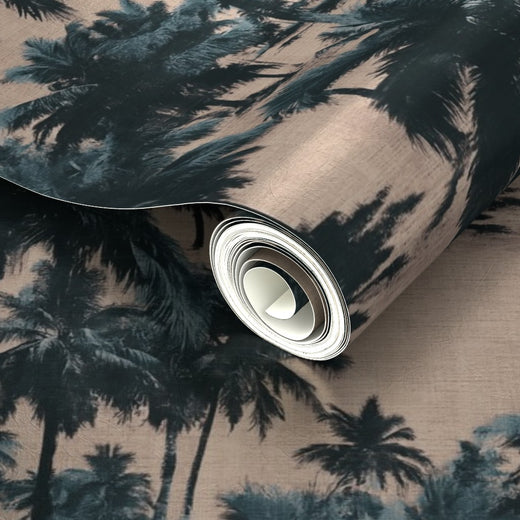 Luminous reflection and finish detail on the metallic pearlescent palm wallpaper.