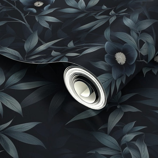 Detail view of the subtle movement and shimmer on the metallic botanical floral wallpaper.