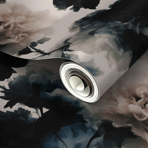 Luminous sheen of the Metallic finish on the Modern Peonies wallpaper under soft light.