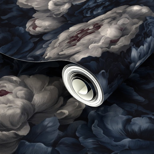 Macro perspective of the reflective pearlescent finish on the metallic Indigo Bloom Ballad wallpaper